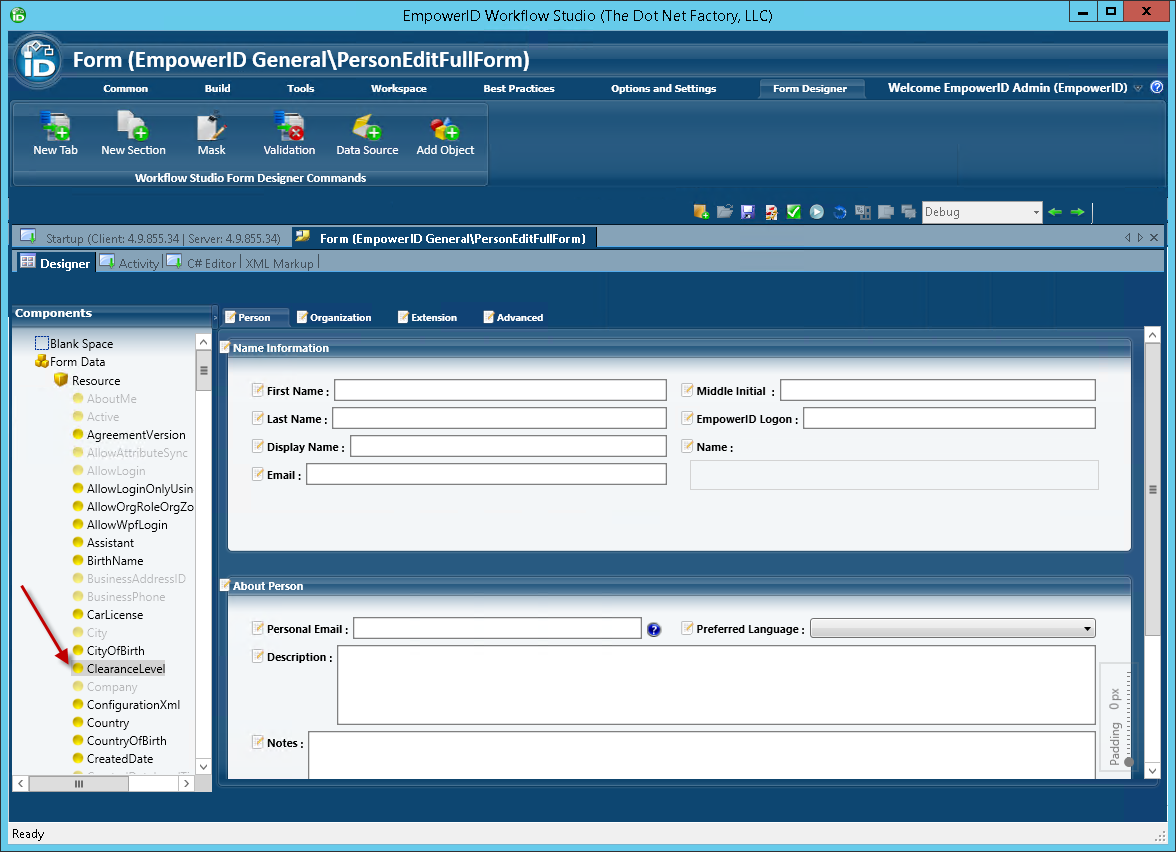 Person edit full form clearance level attribute