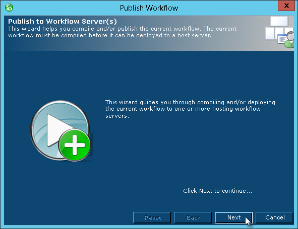 Publish to workflow server wizard next button