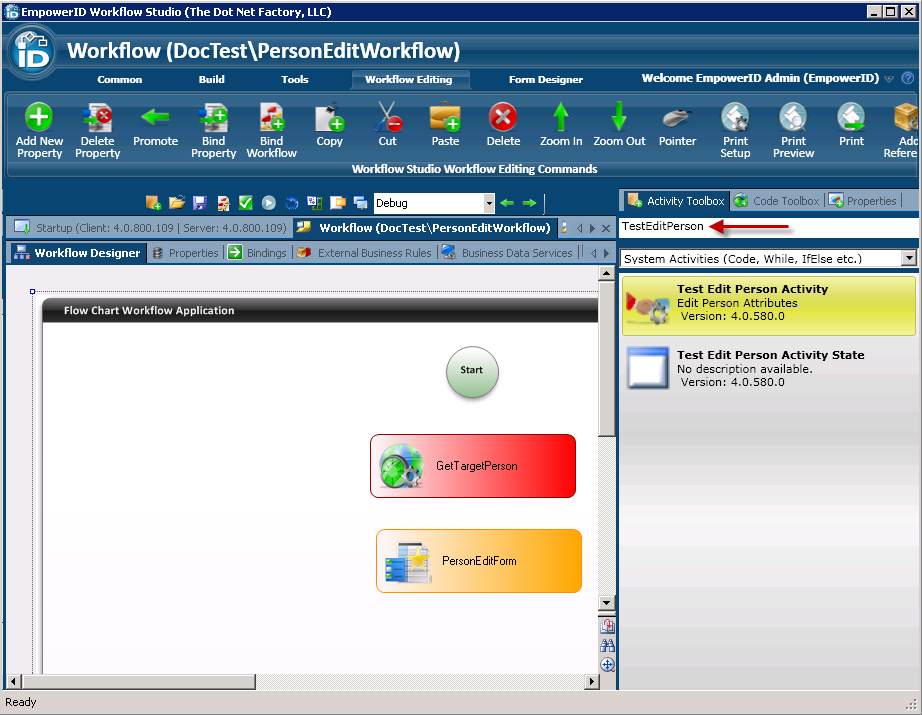 Workflow Studio activity toolbox test edit person search