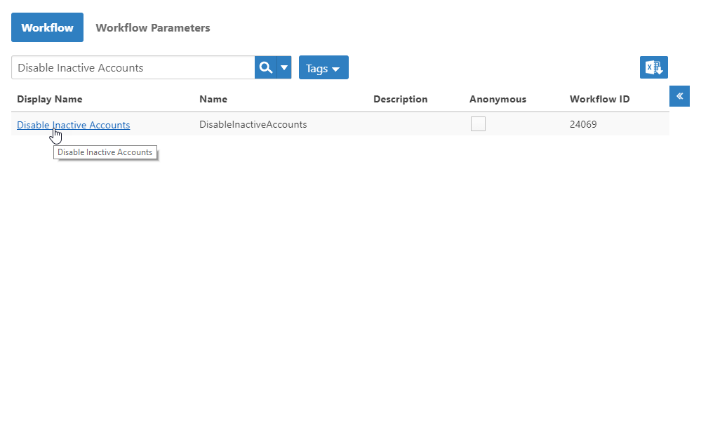 Workflow disable inactive accounts display name link
