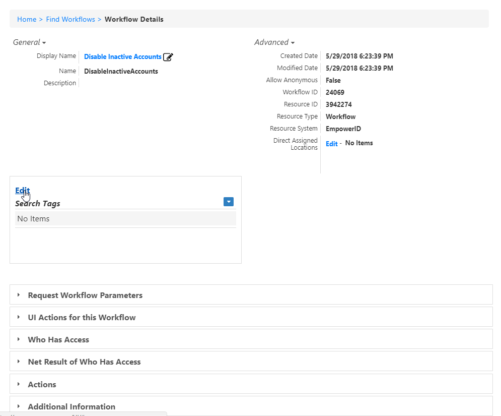 Workflow details search tag edit link